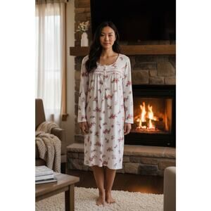 Laura Ashley SOFT long-sleeve knit nightgown red & white floral NEW Size SMALL